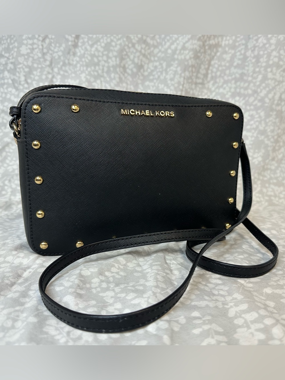 Michael Kors Black Saffiano Crossbody with Gold Stud Accents